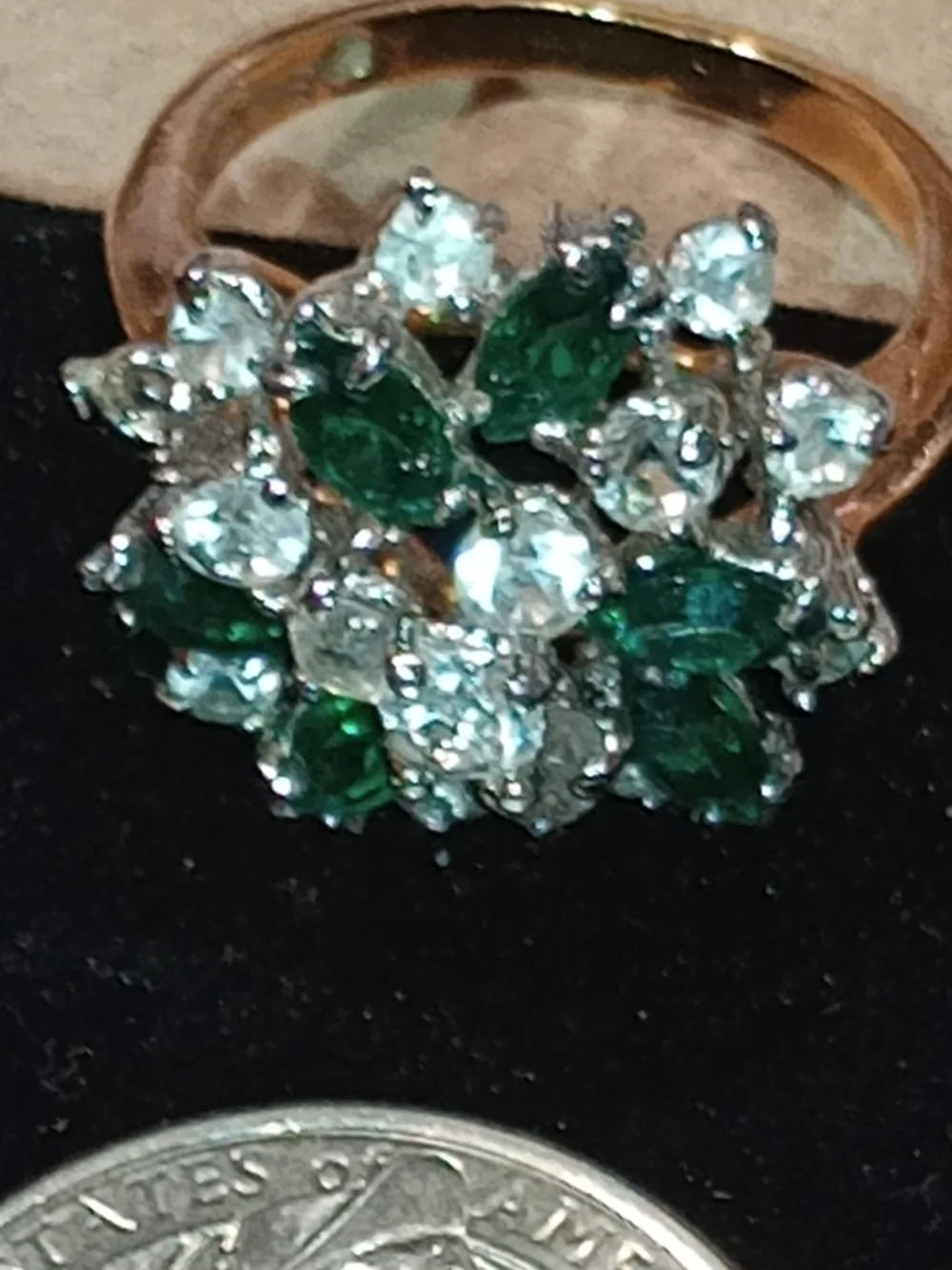 Vintage Emerald and Clear Cluster Cocktail Ring - Women Jewelry 18k HGE